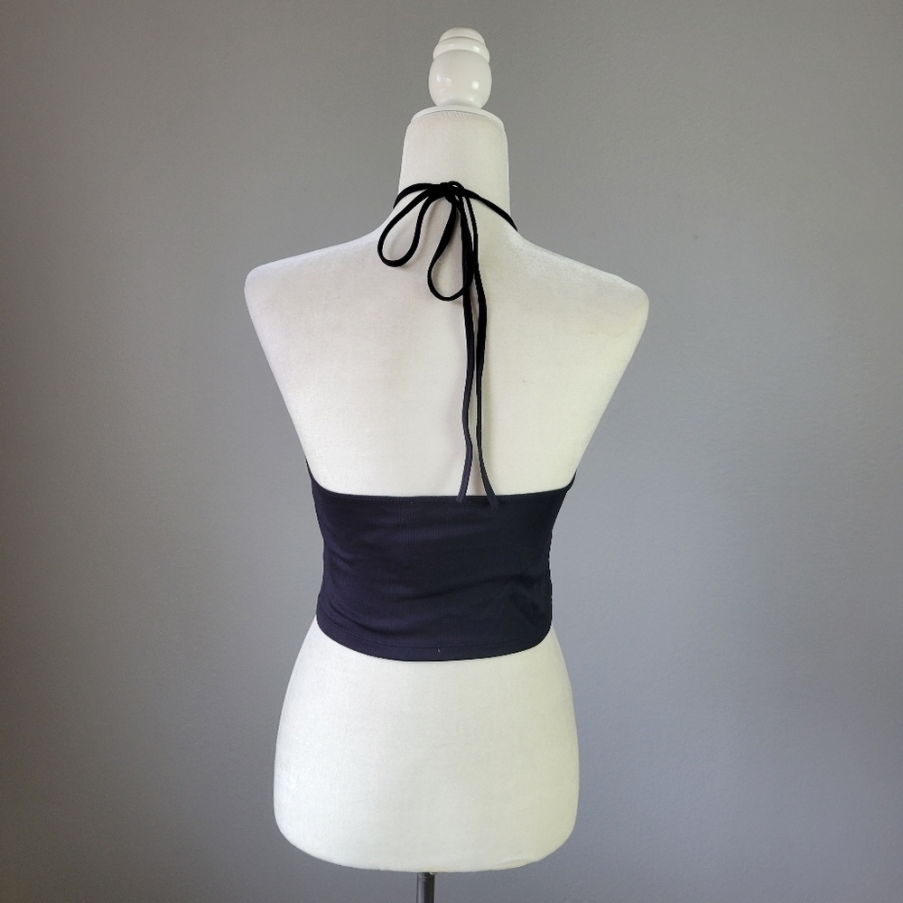 ZARA // black stretch ribbed keyhole cropped neck tie halter top - Picture 8 of 10